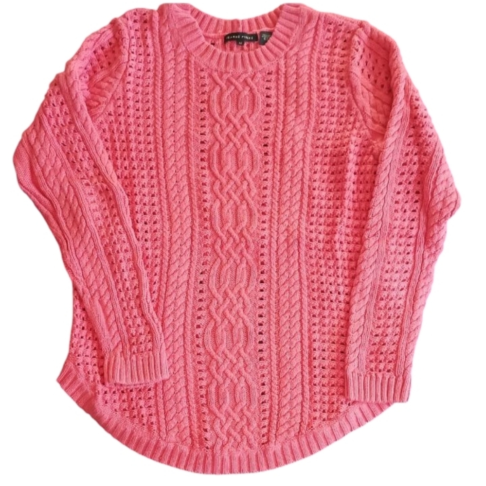 Jeanne Pierre Coral colored cable knit sweater.